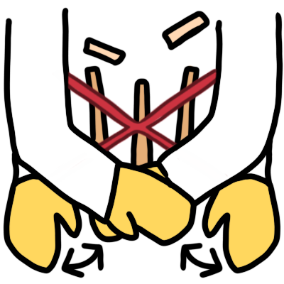 the white-sleeved arms of a cricket umpire making the signal for 'not out.' behind their arms is a wicket with bails flying off the stumps, which is crossed out in red.